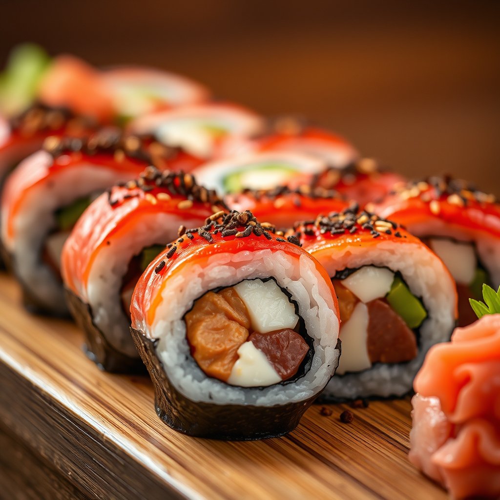 sushi rolls japanese platter closeup, ultra realistic, crisp details, studio quality