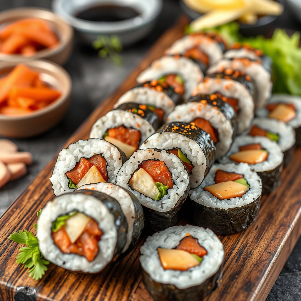 food sushi rolls japanese platter fresh, ultra realistic, crisp details, studio quality