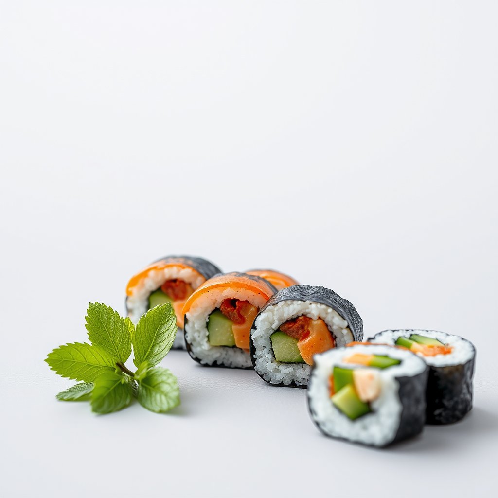 sushi & rolls, minimalist composition, clean background, elegant