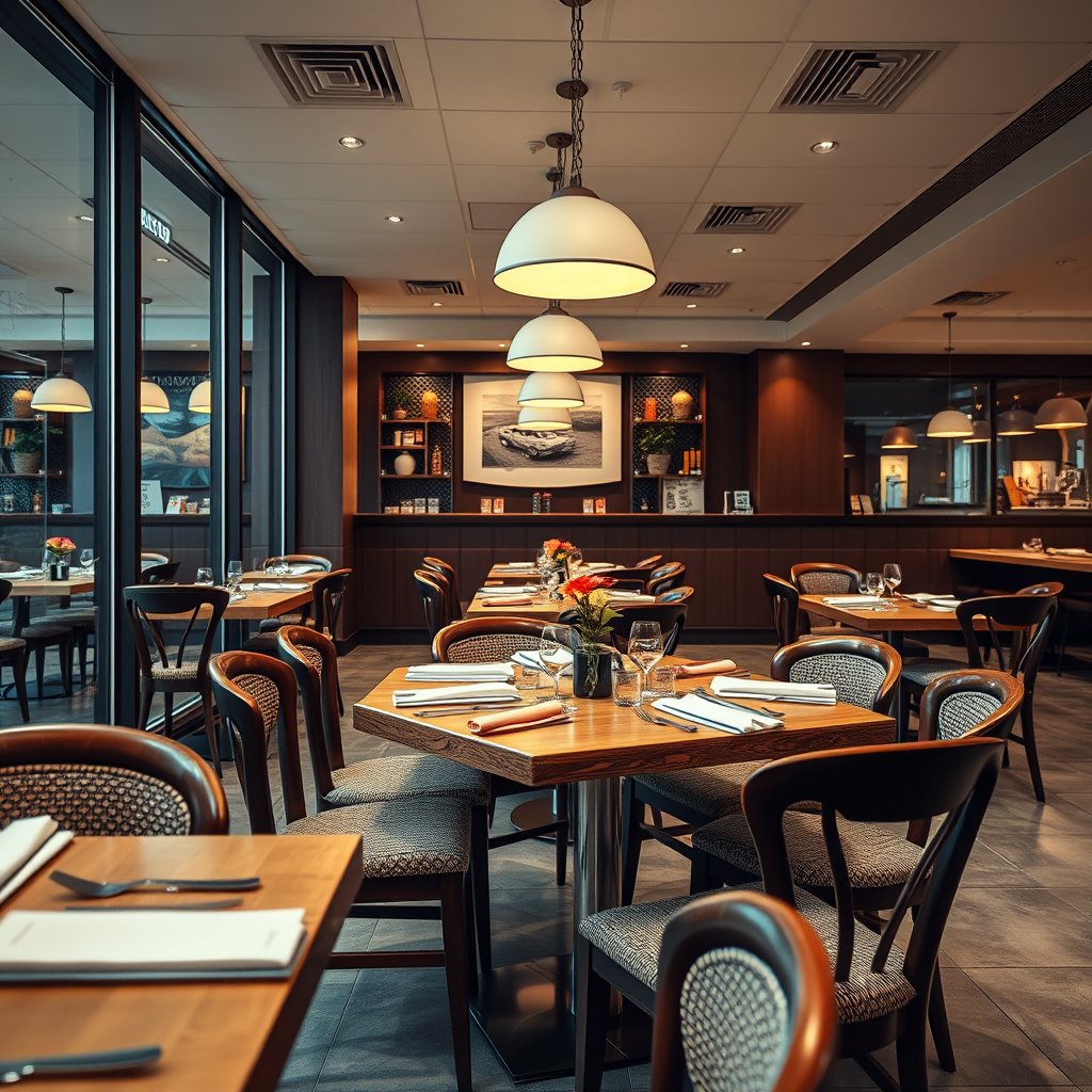 food restaurant interior dining table chairs, highly detailed, 8k, professional photography, sharp focus