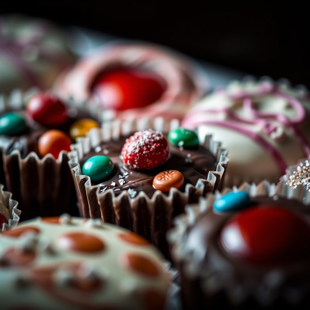 sweets candy chocolates dessert closeup, moody lighting, high contrast, fine art photography