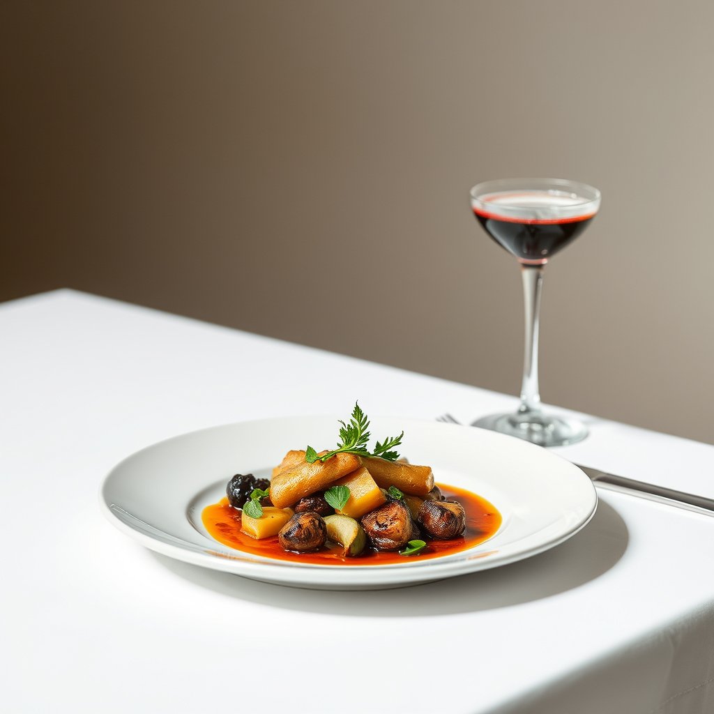 food gourmet dish restaurant serving plate, minimalist composition, clean background, elegant