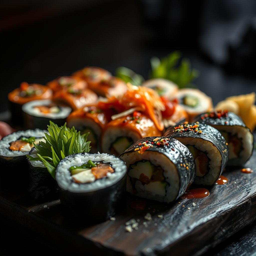 food sushi rolls japanese platter fresh, moody lighting, high contrast, fine art photography