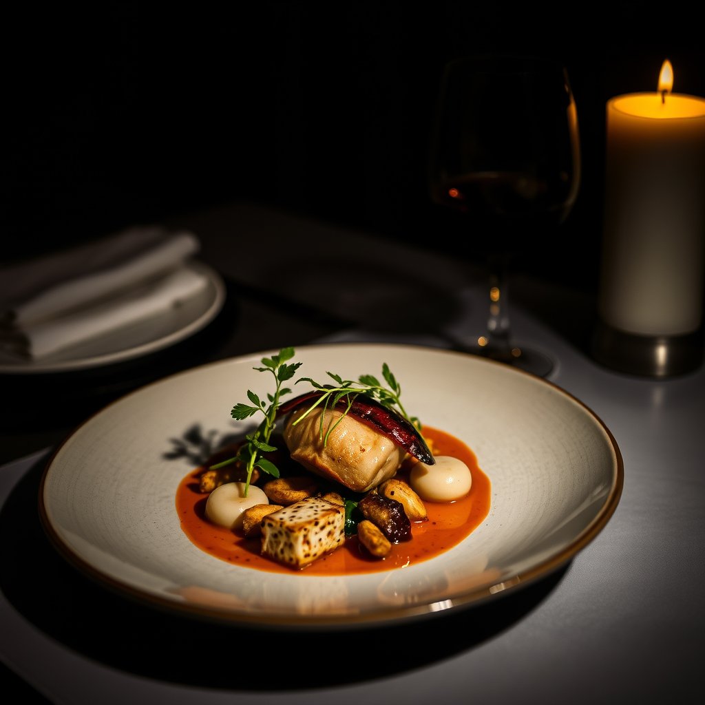 food gourmet dish restaurant serving plate, moody lighting, high contrast, fine art photography