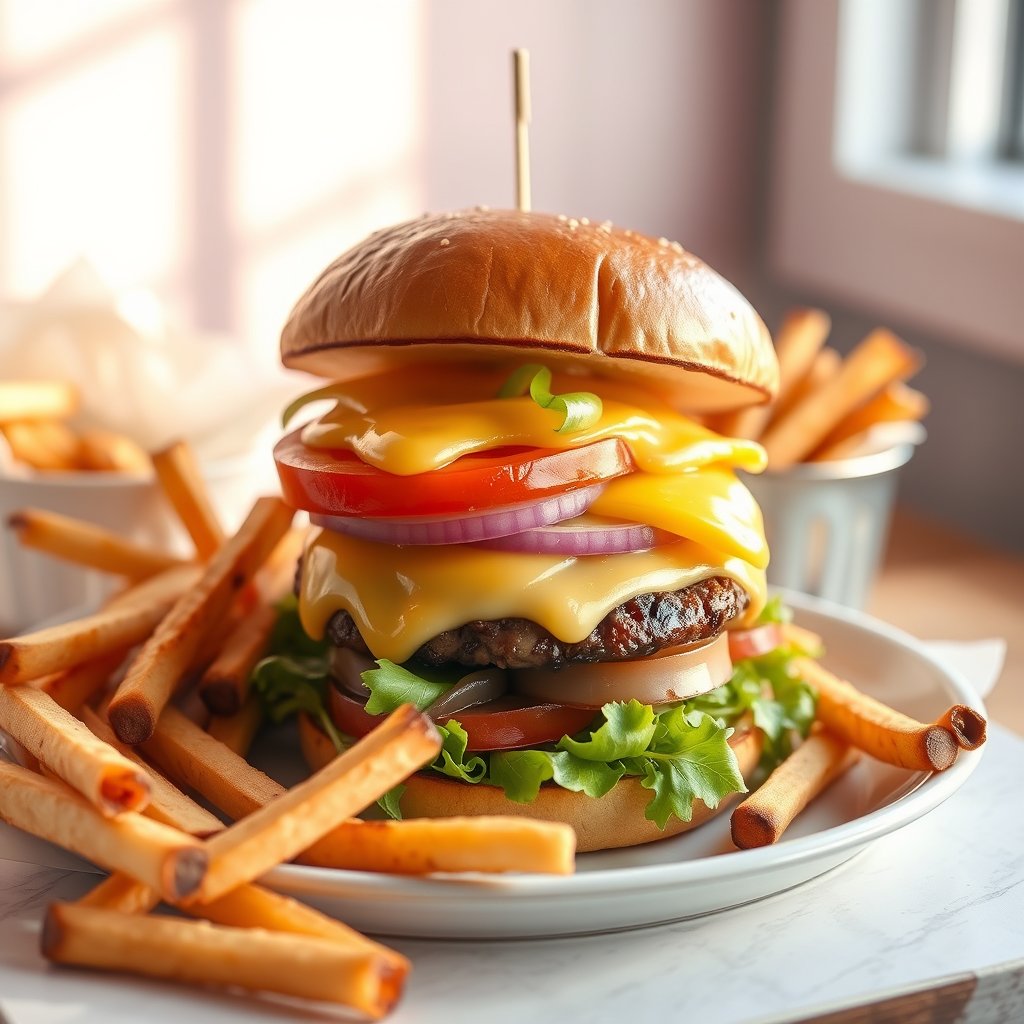 juicy burger with fries, food photography, warm light — Лимонад домашний, bright and airy, pastel tones, dreamy aesthetic
