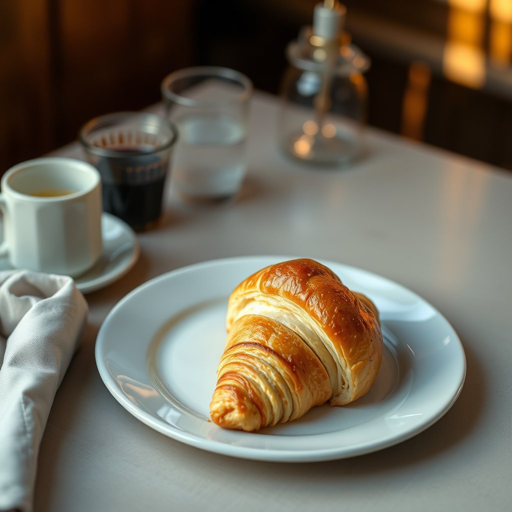 classic butter croissant on a light plate, food photography, golden hour lighting, warm tones, atmospheric