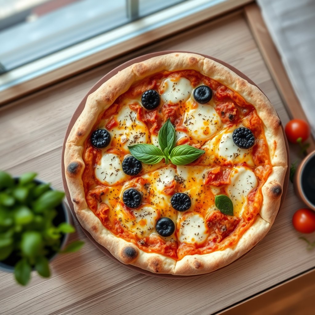 italian pizza, top view, food photography — Пицца «Маргарита», soft natural light, shallow depth of field, bokeh