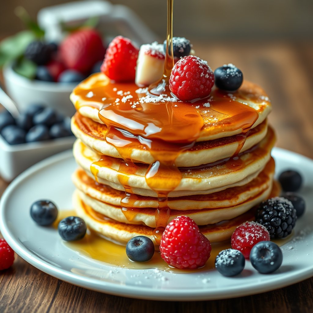 a stack of fluffy pancakes with maple syrup and berries, highly detailed, 8k, professional photography, sharp focus