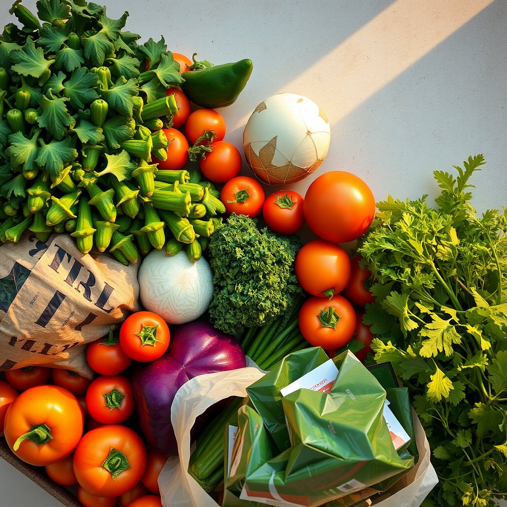 fresh groceries, vegetables and greens, top view, light background — Сыр «Бри» французский, golden hour lighting, warm tones, atmospheric