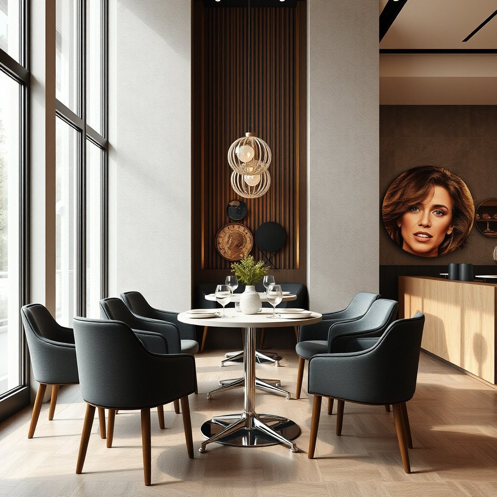 restaurant interior dining table chairs, ultra realistic, crisp details, studio quality