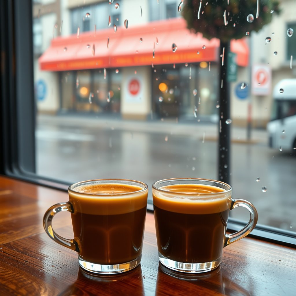 A photograph of two cups of coffee in a cafe by the window, with rain falling outside., ultra realistic, crisp details, studio quality