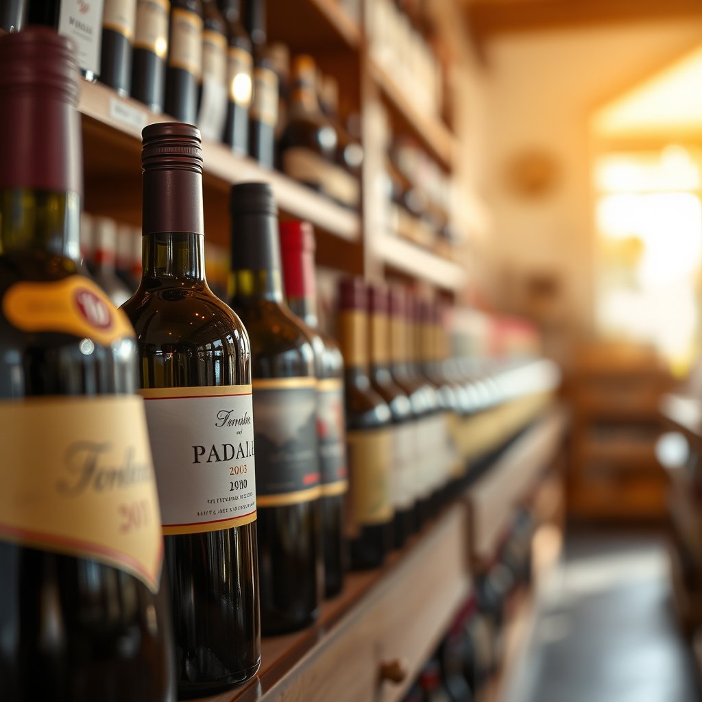 food wine store interior bottles, soft natural light, shallow depth of field, bokeh
