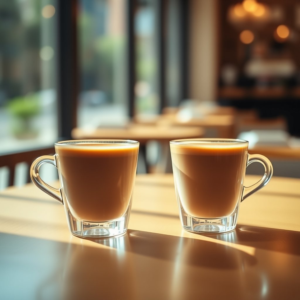 Photo of two cups of coffee in a cafe., soft natural light, shallow depth of field, bokeh