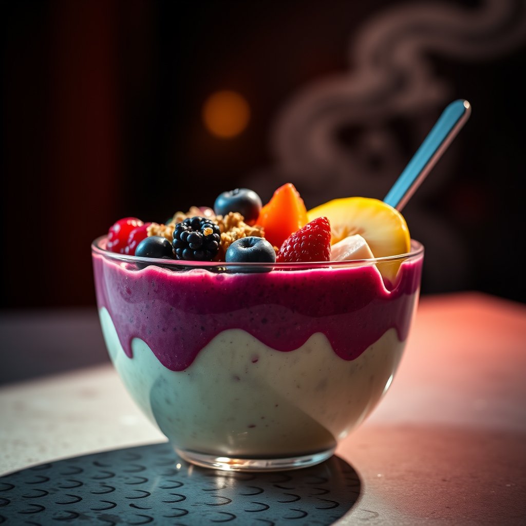 a refreshing smoothie bowl topped with fruits and granola, cinematic lighting, vibrant colors, dramatic atmosphere