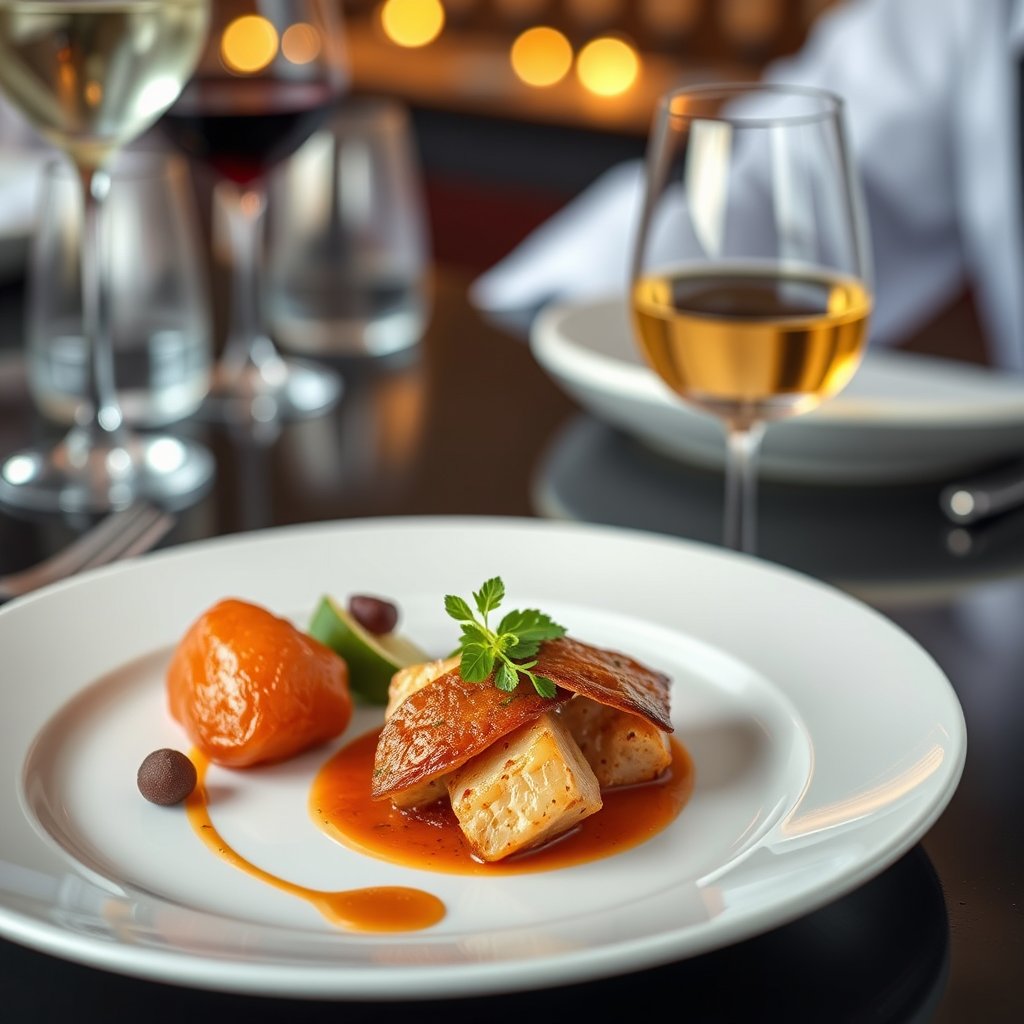 food gourmet dish restaurant serving plate, ultra realistic, crisp details, studio quality