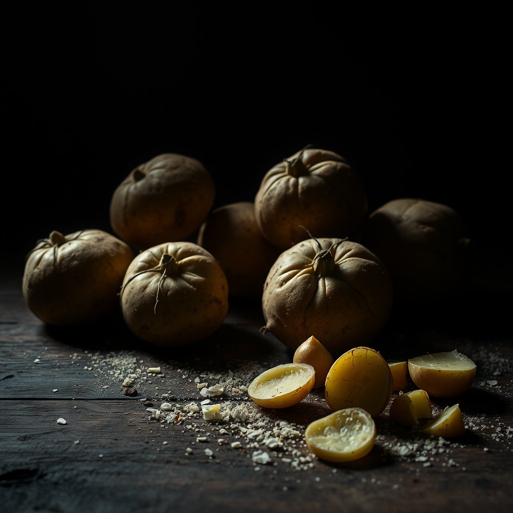 potatoes, moody lighting, high contrast, fine art photography