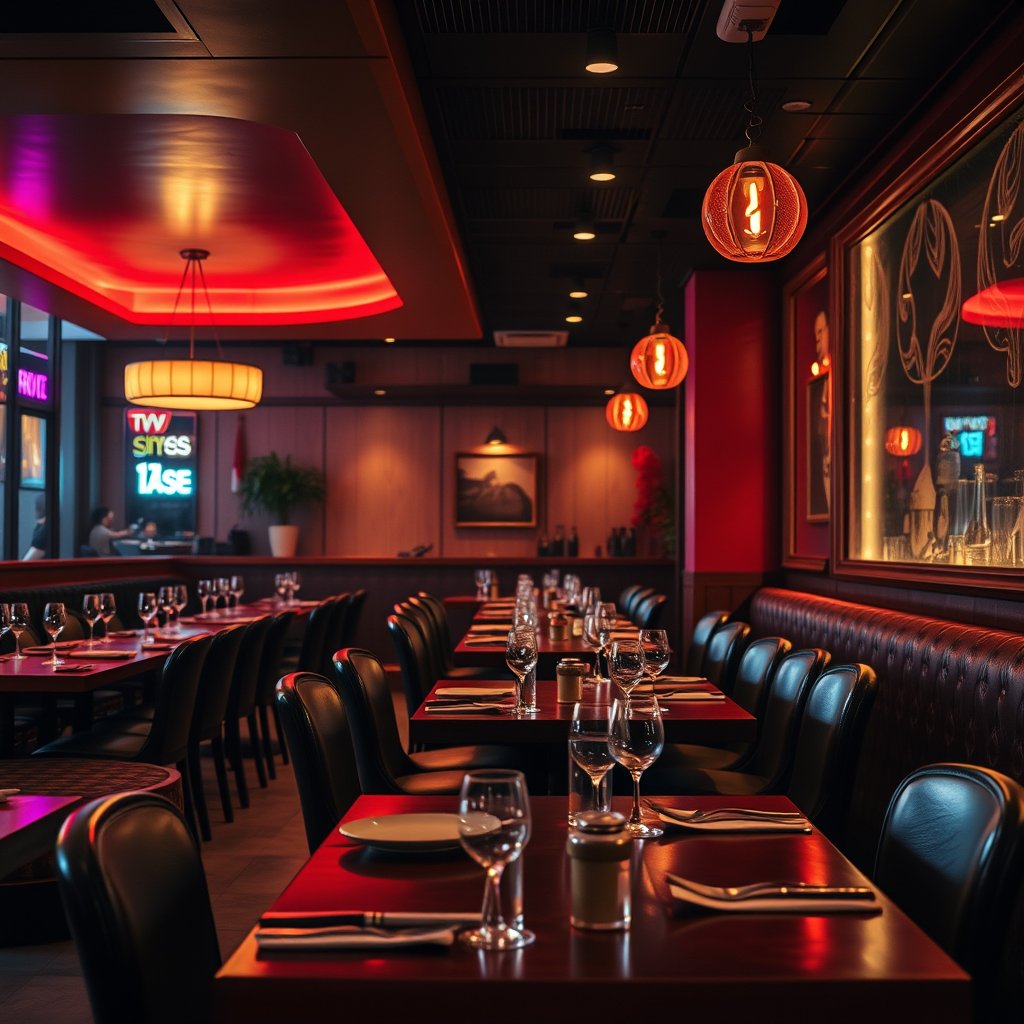 food restaurant interior dining table chairs, cinematic lighting, vibrant colors, dramatic atmosphere