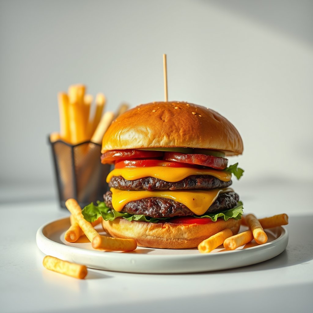 juicy burger with fries, food photography, warm light — Бургерная «Гриль», minimalist composition, clean background, elegant