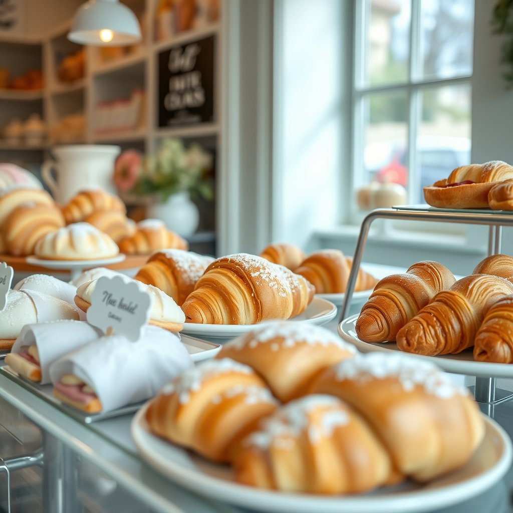 fresh croissants and pastries in a bakery display, bright and airy, pastel tones, dreamy aesthetic