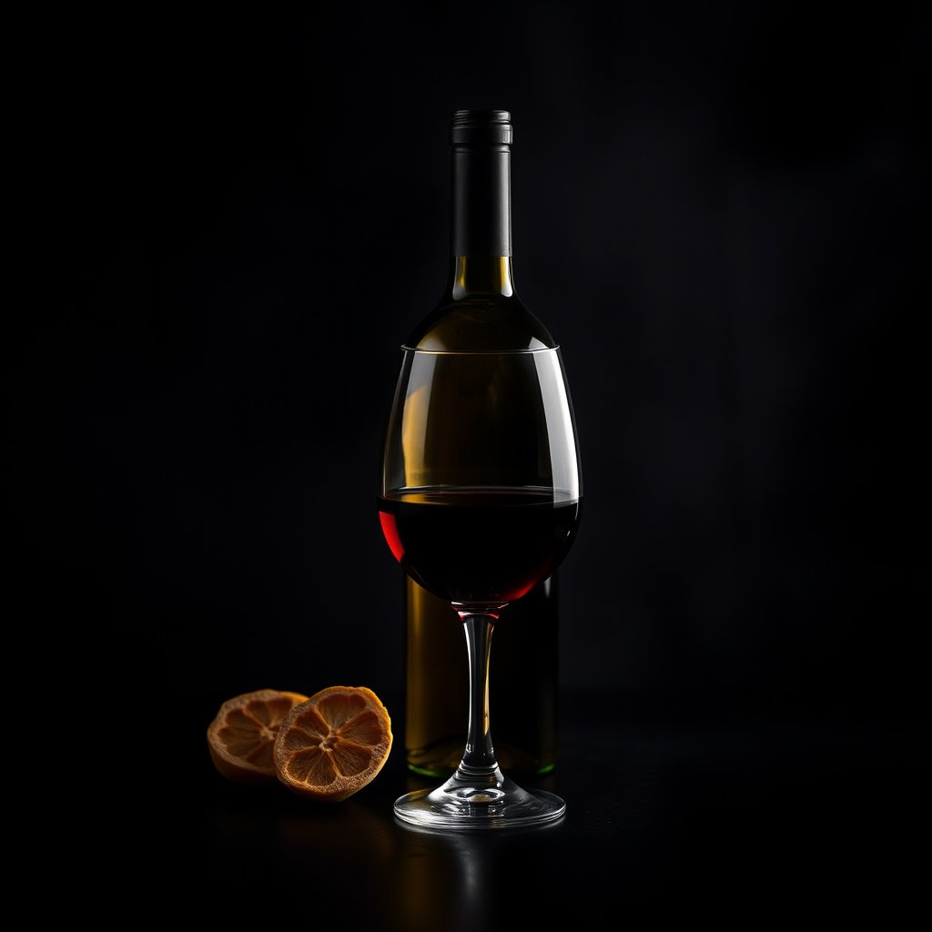 food wine drink bottle glass, moody lighting, high contrast, fine art photography