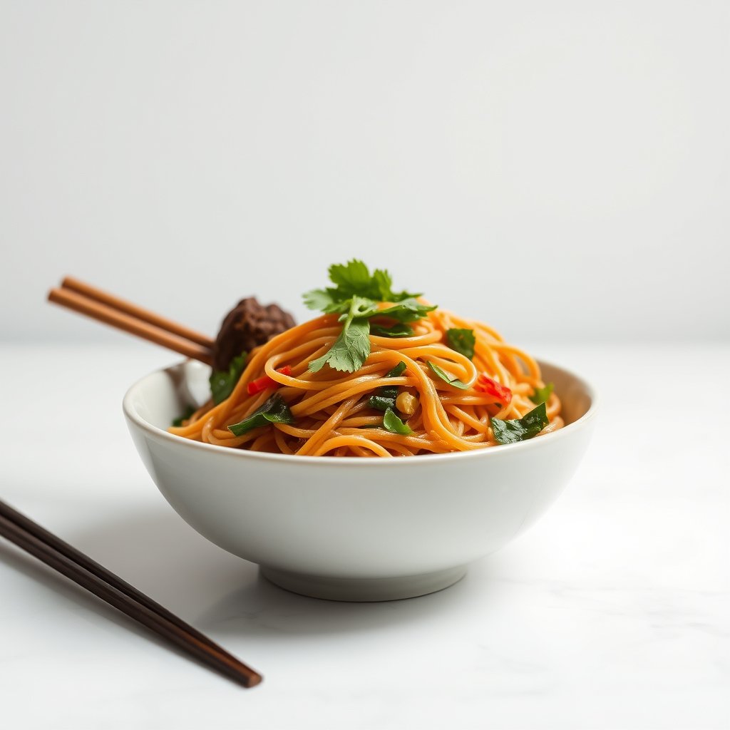 asian noodles dish food closeup, minimalist composition, clean background, elegant