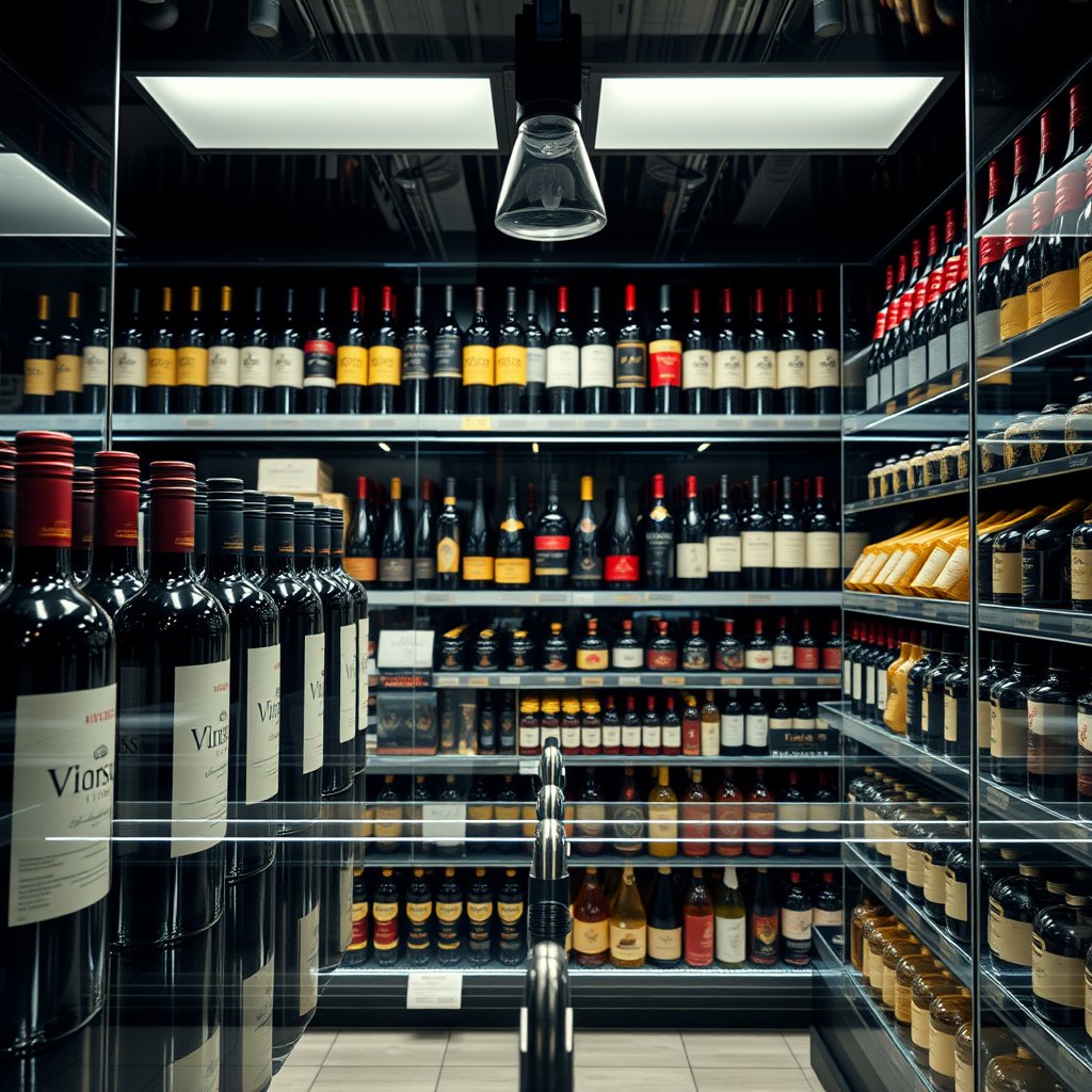food wine store interior bottles, highly detailed, 8k, professional photography, sharp focus
