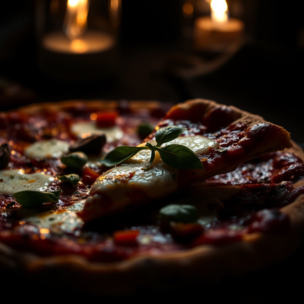 food pizza italian cheese toppings slice, moody lighting, high contrast, fine art photography