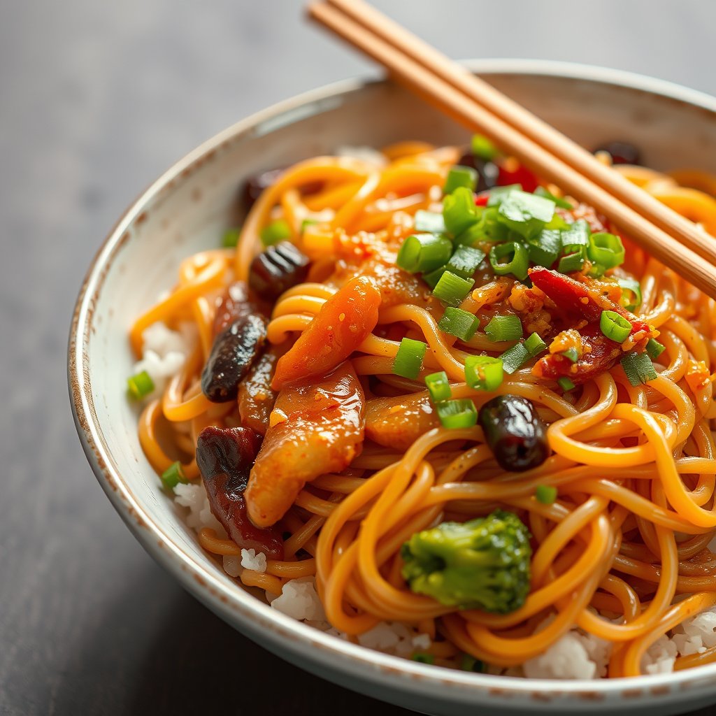 food asian dish noodles rice, highly detailed, 8k, professional photography, sharp focus
