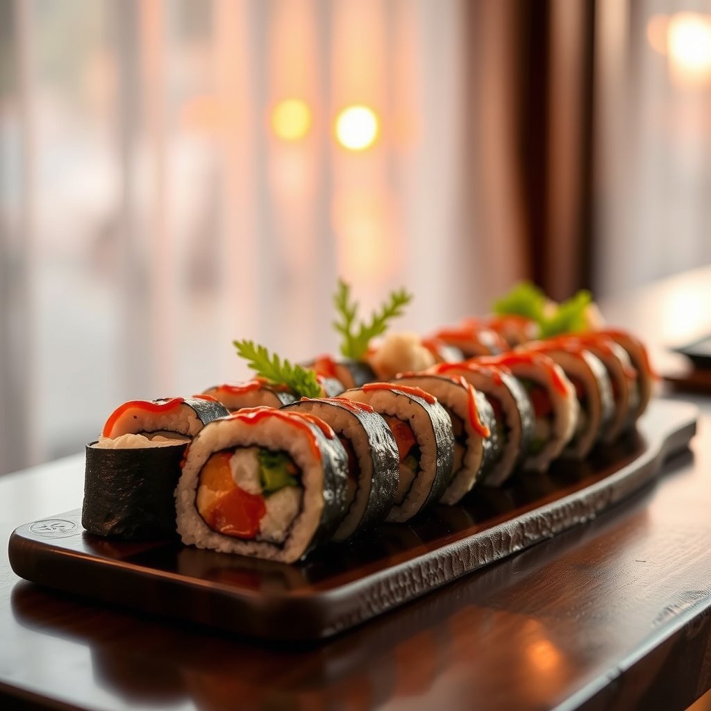 food sushi rolls japanese platter fresh, golden hour lighting, warm tones, atmospheric