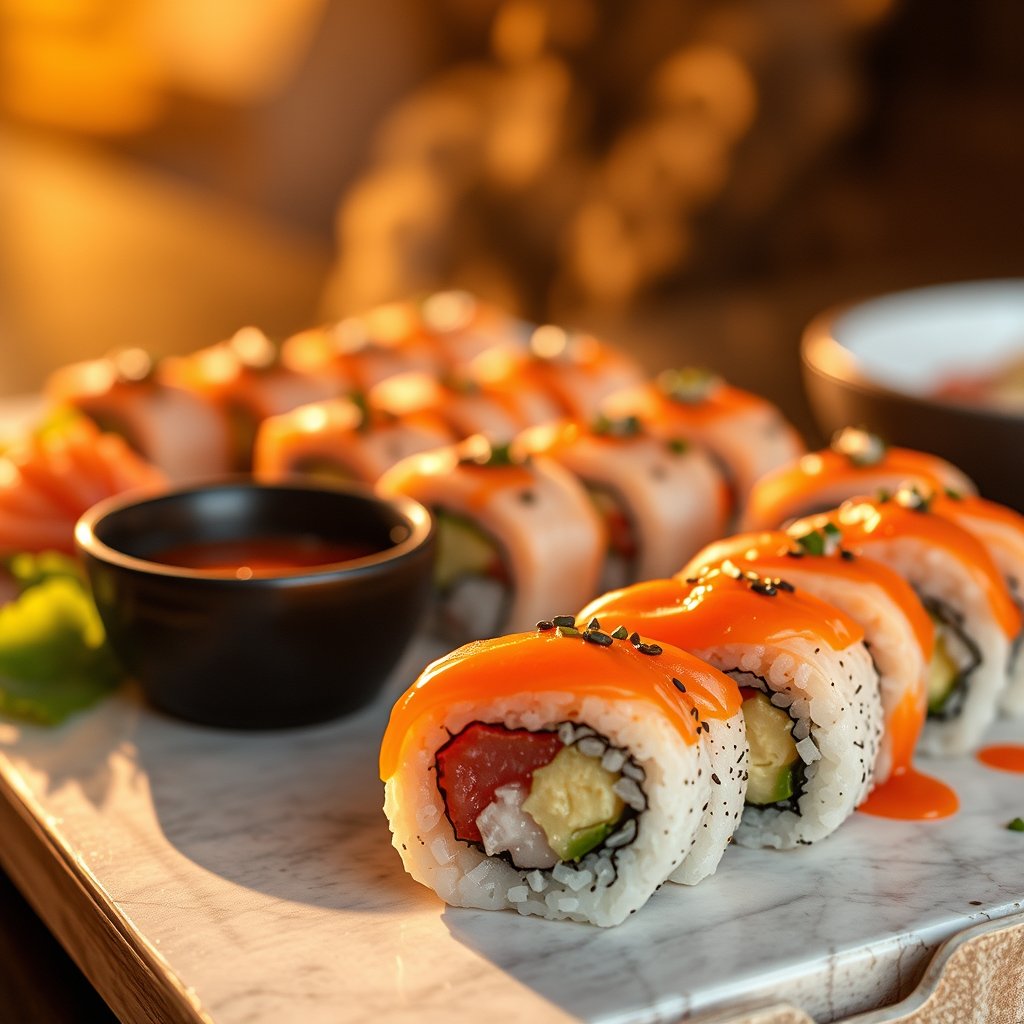 food sushi rolls japanese platter fresh, golden hour lighting, warm tones, atmospheric