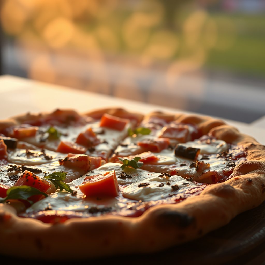 food pizza italian cheese toppings slice, golden hour lighting, warm tones, atmospheric