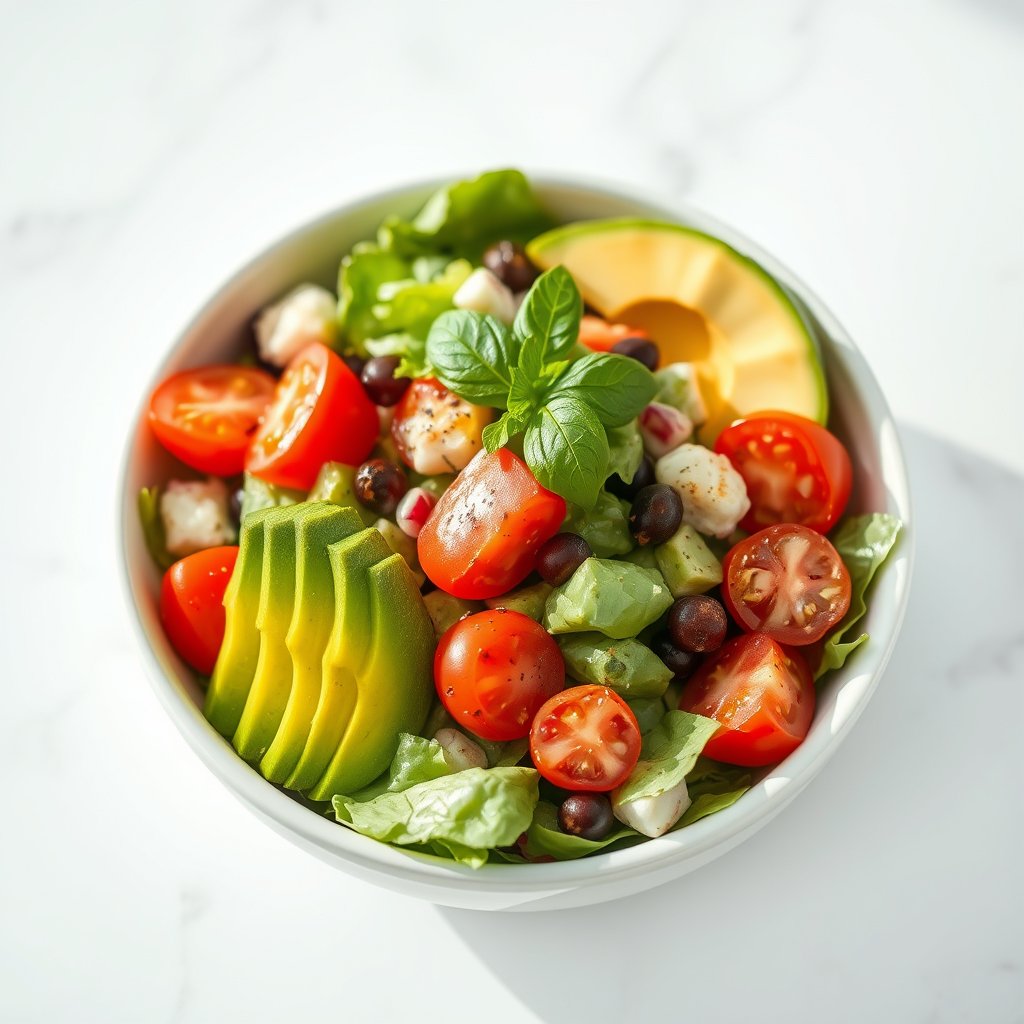 a colorful fresh salad bowl with avocado and tomatoes, bright and airy, pastel tones, dreamy aesthetic