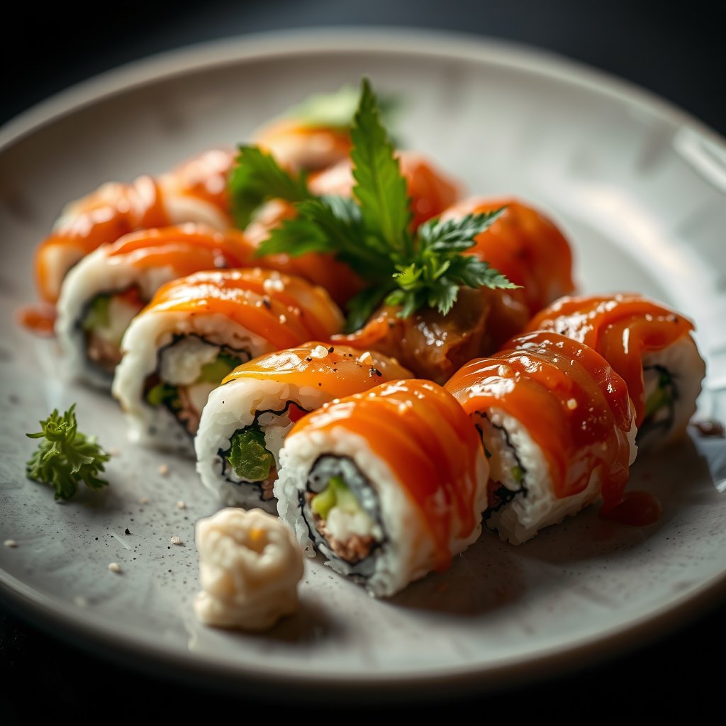 food sushi rolls japanese platter fresh, moody lighting, high contrast, fine art photography