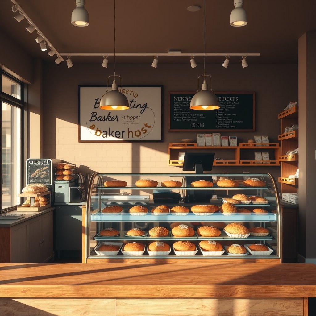 food bakery shop interior bread counter, golden hour lighting, warm tones, atmospheric
