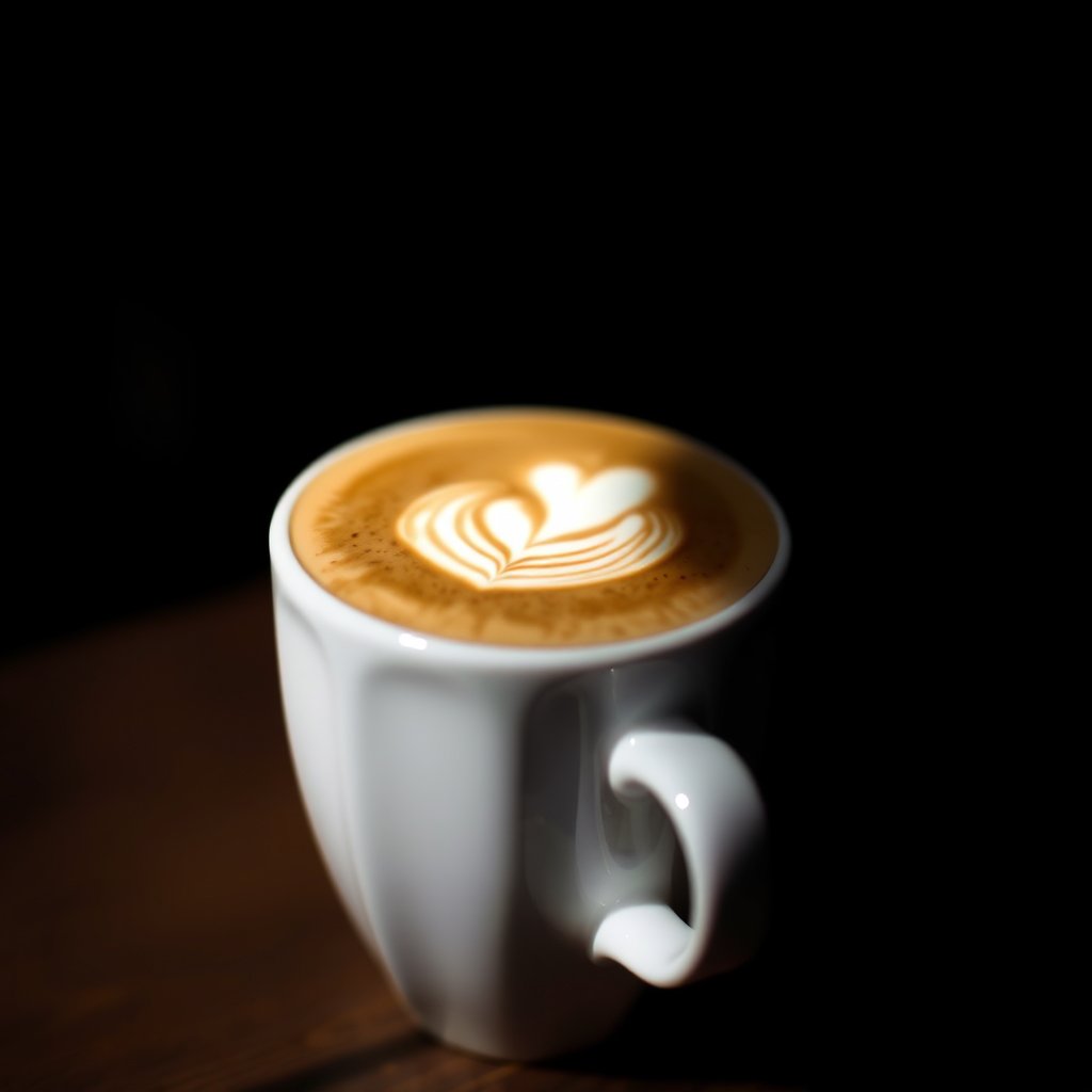 coffee latte cup closeup, moody lighting, high contrast, fine art photography