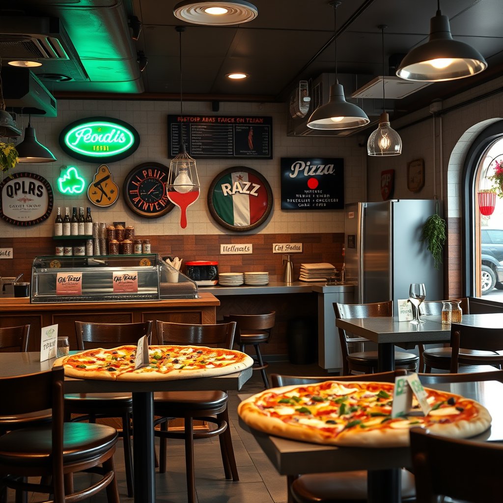 food pizza restaurant interior italian, highly detailed, 8k, professional photography, sharp focus