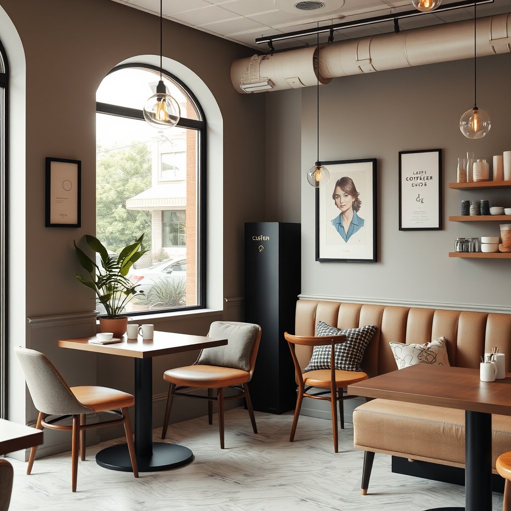food coffee shop interior cozy cafe, minimalist composition, clean background, elegant