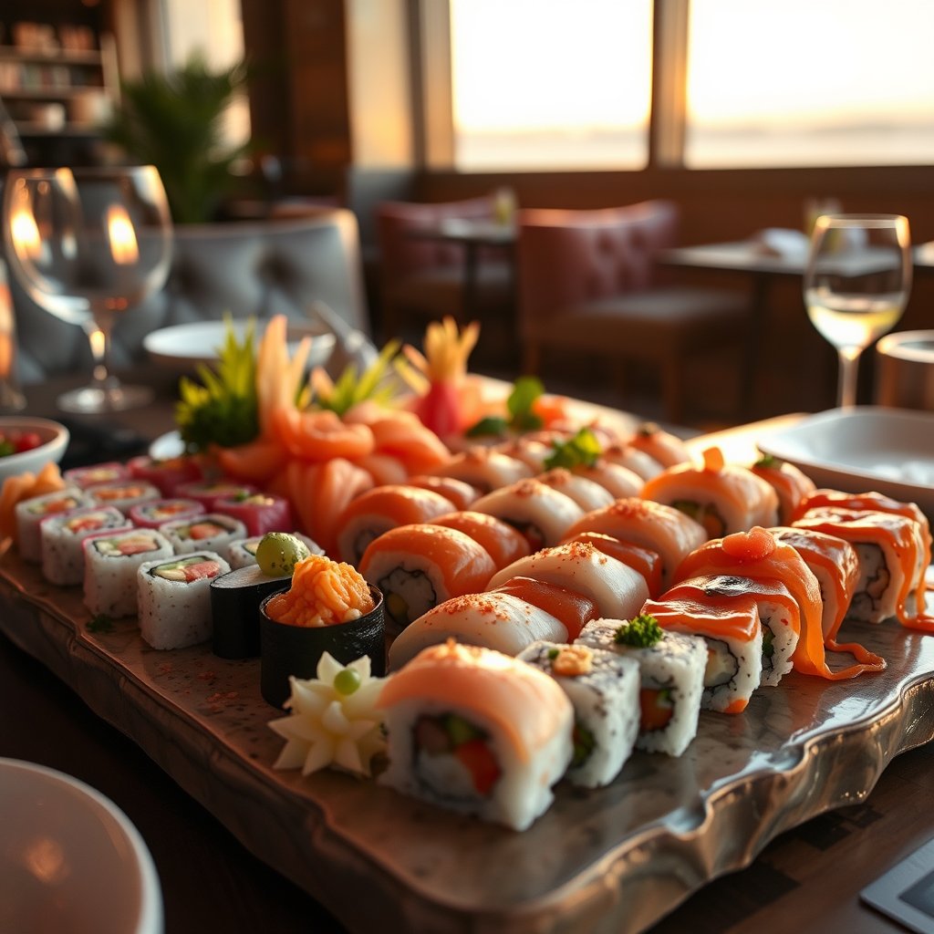 a sushi platter with assorted nigiri and rolls, golden hour lighting, warm tones, atmospheric