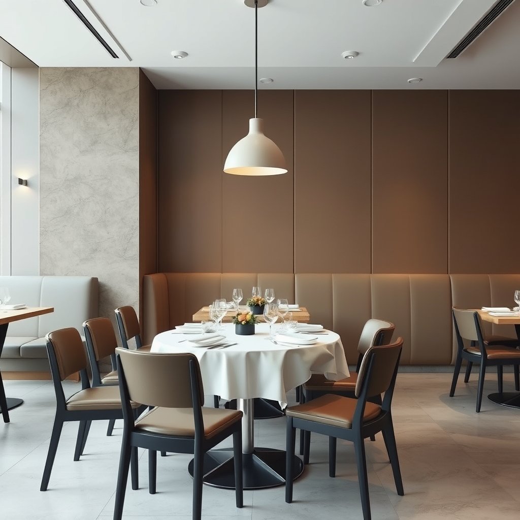 food restaurant interior dining table chairs, minimalist composition, clean background, elegant