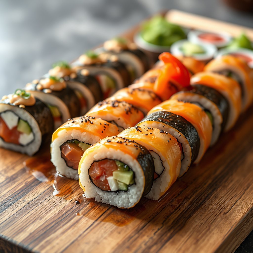 food sushi rolls japanese platter fresh, highly detailed, 8k, professional photography, sharp focus