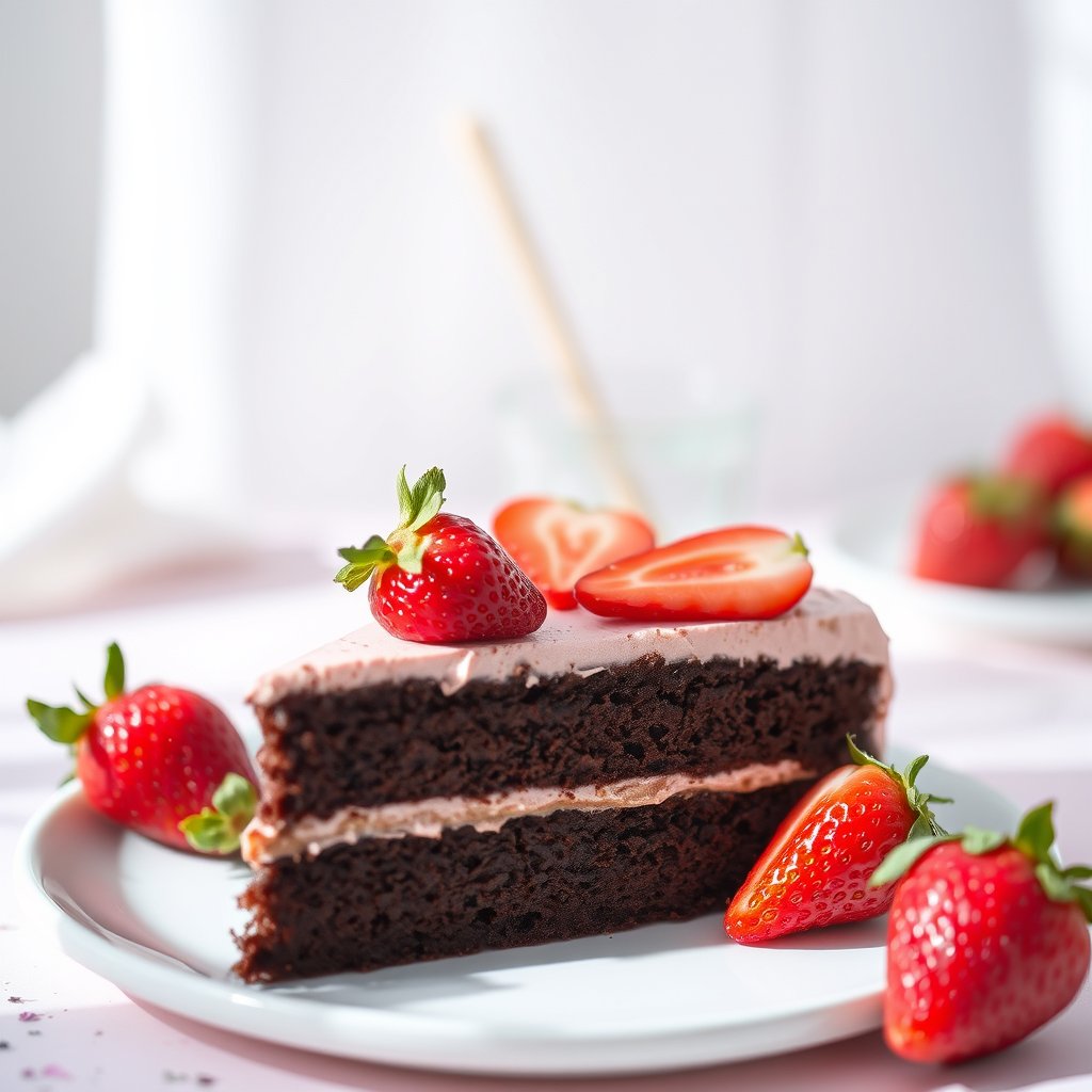 a slice of chocolate cake with strawberries, bright and airy, pastel tones, dreamy aesthetic