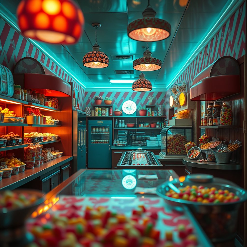 food sweets candy shop interior, cinematic lighting, vibrant colors, dramatic atmosphere