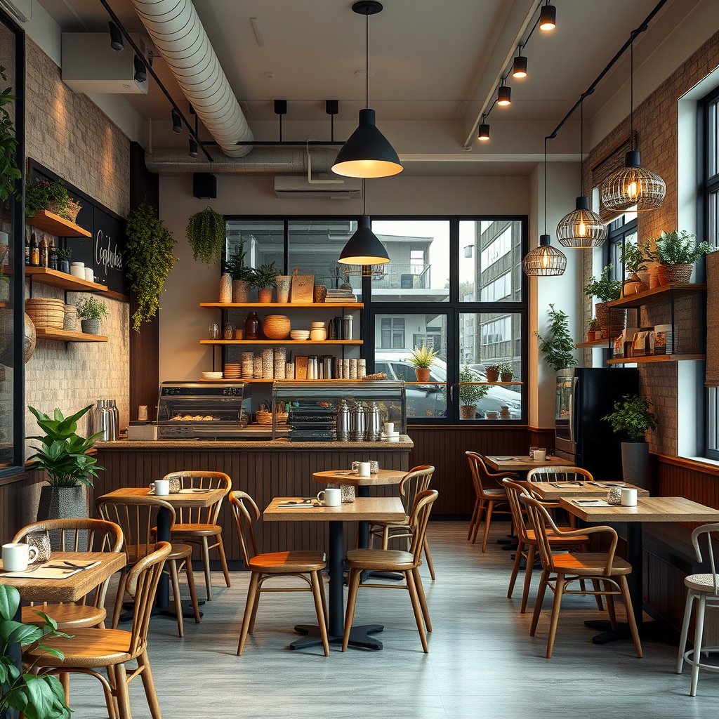 food coffee shop interior cozy cafe, ultra realistic, crisp details, studio quality