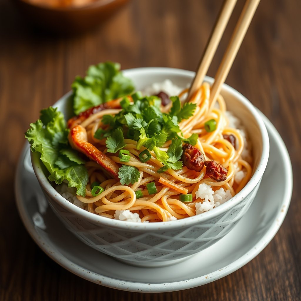 food asian dish noodles rice, highly detailed, 8k, professional photography, sharp focus