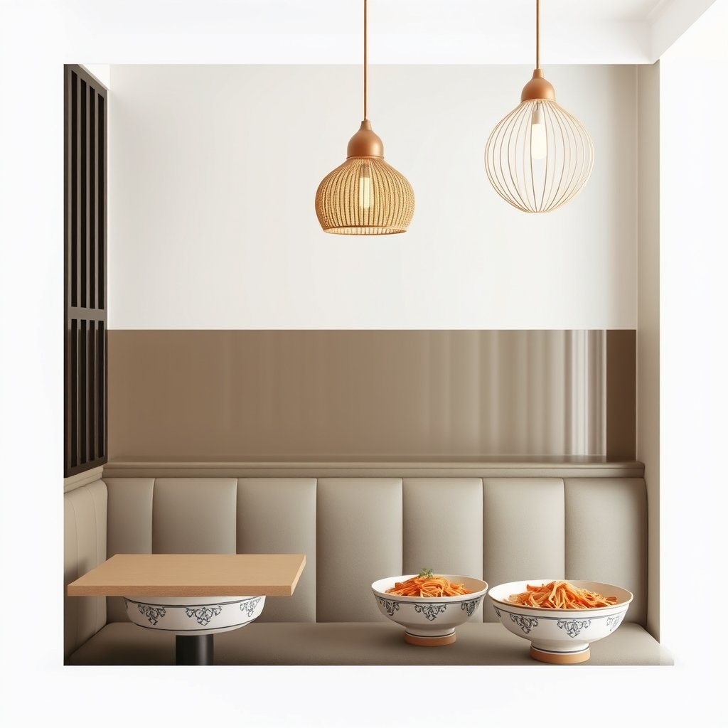 food asian restaurant interior noodles, minimalist composition, clean background, elegant