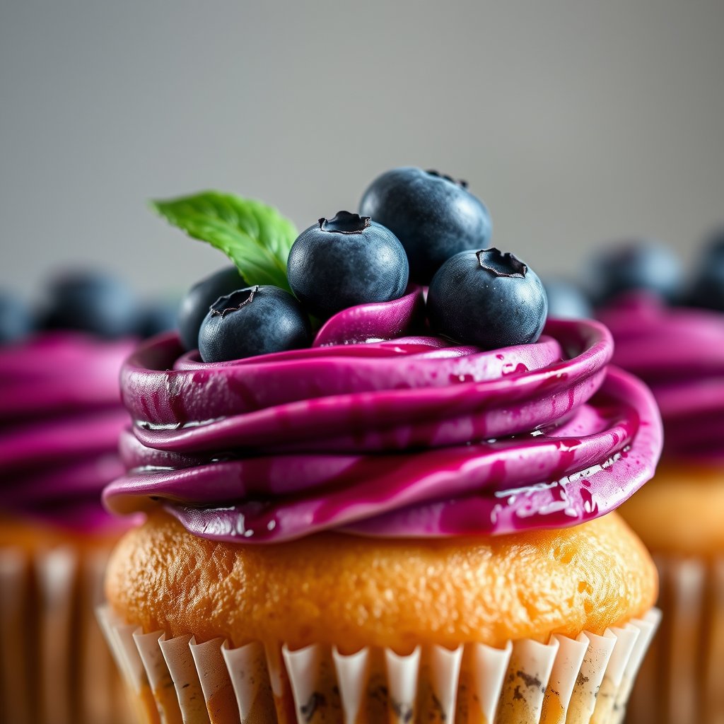 A delicious blueberry cupcake with creamy frosting, fresh blueberries on top, elegant bakery style, appetizing and professional presentation, soft natural lighting., moody lighting, high contrast, fine art photography