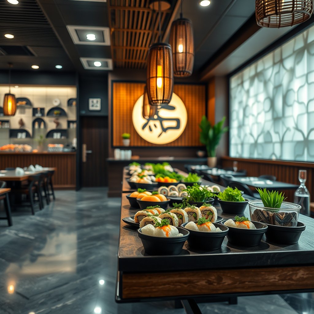 food sushi restaurant interior japanese, highly detailed, 8k, professional photography, sharp focus