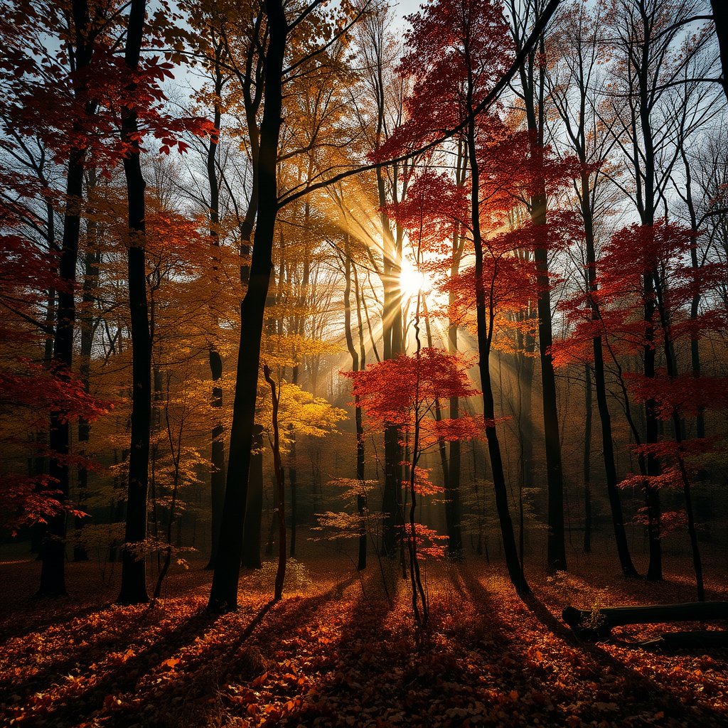 autumn forest with golden and red leaves, sun rays through trees, moody lighting, high contrast, fine art photography