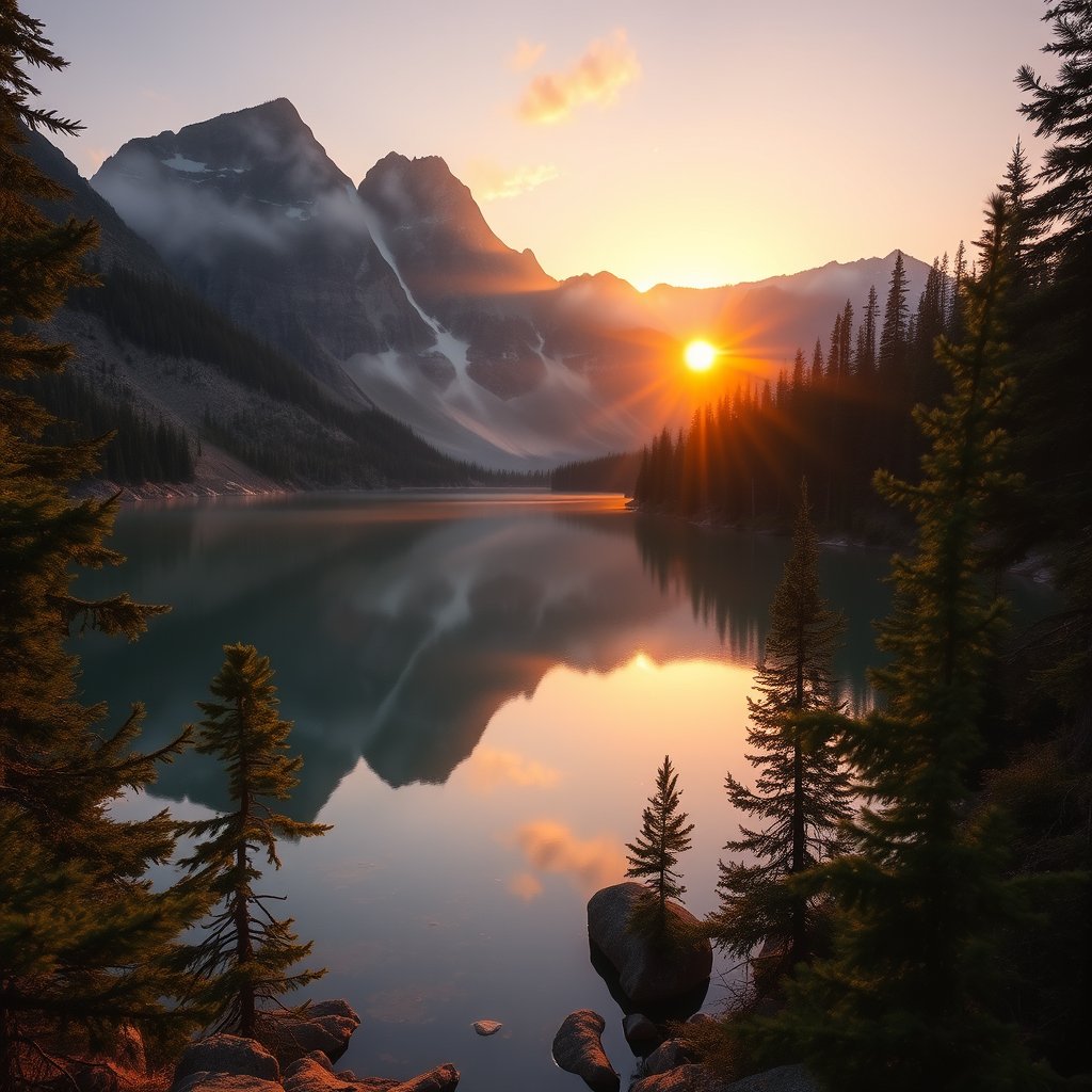 a serene mountain lake at sunrise surrounded by pine forests, golden hour lighting, warm tones, atmospheric