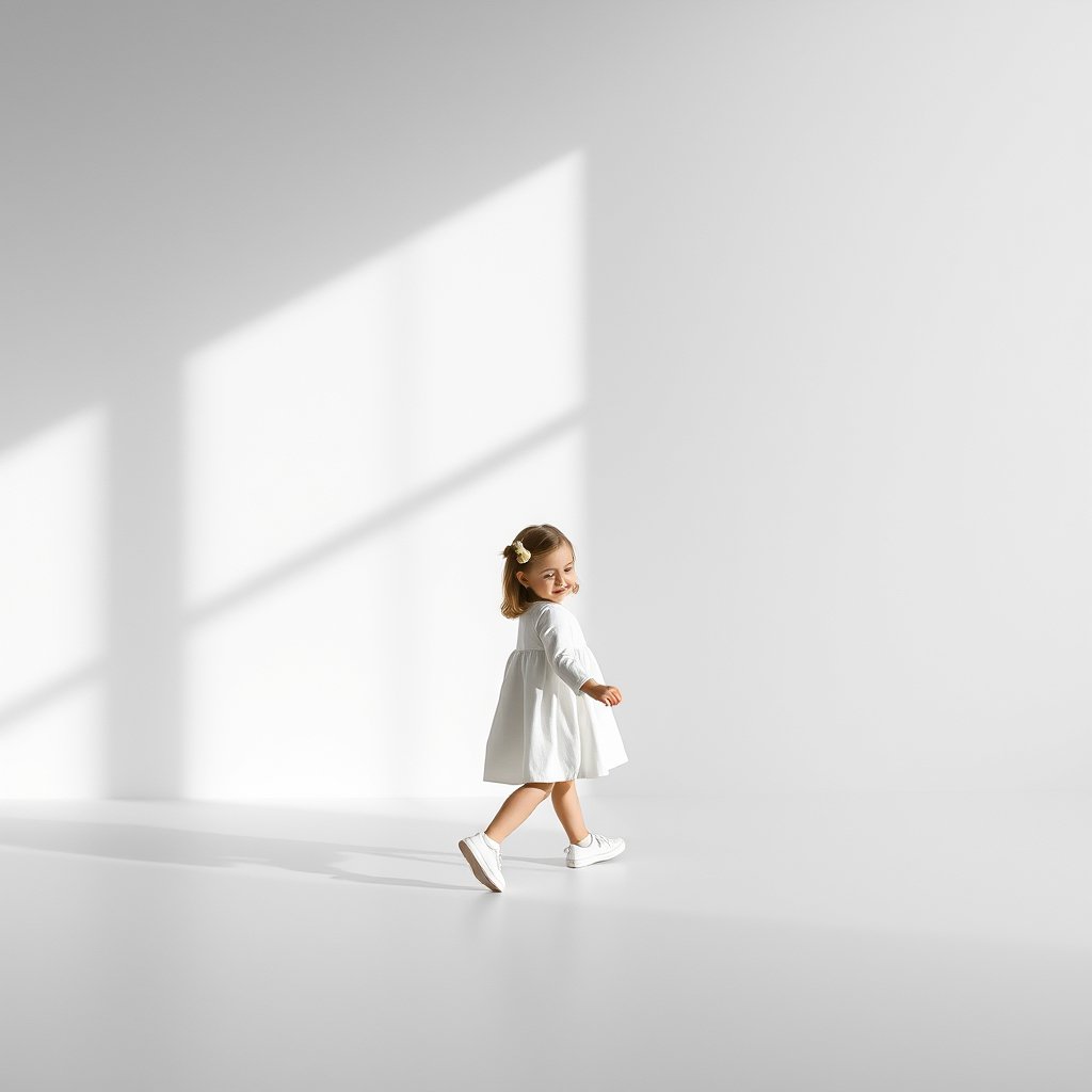 Walking little girl, minimalist composition, clean background, elegant